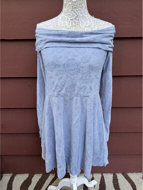 Wild Fable Blue Grey Velvet Rose Floral Off Shoulder Mini Dress
